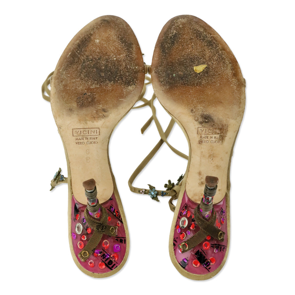 Giuseppe Zanotti Beige Satin Crystal Flower Appliqué Ankle-Wrap Sandals
