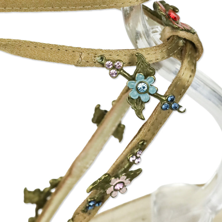 Giuseppe Zanotti Beige Satin Crystal Flower Appliqué Ankle-Wrap Sandals