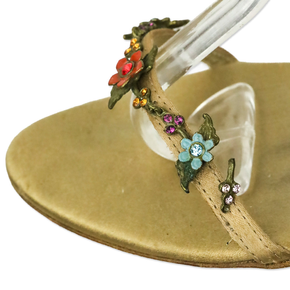 Giuseppe Zanotti Beige Satin Crystal Flower Appliqué Ankle-Wrap Sandals