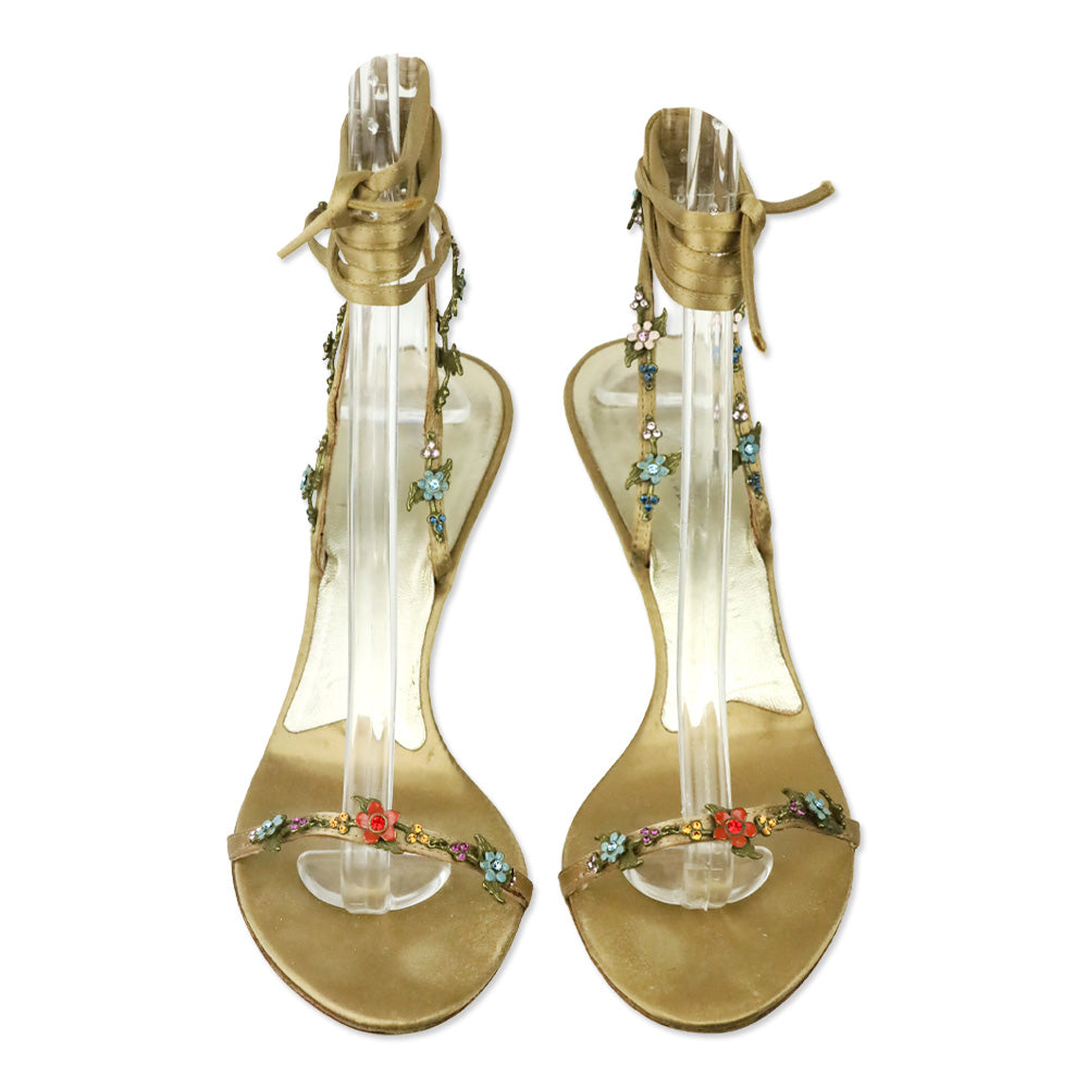 Giuseppe Zanotti Beige Satin Crystal Flower Appliqué Ankle-Wrap Sandals