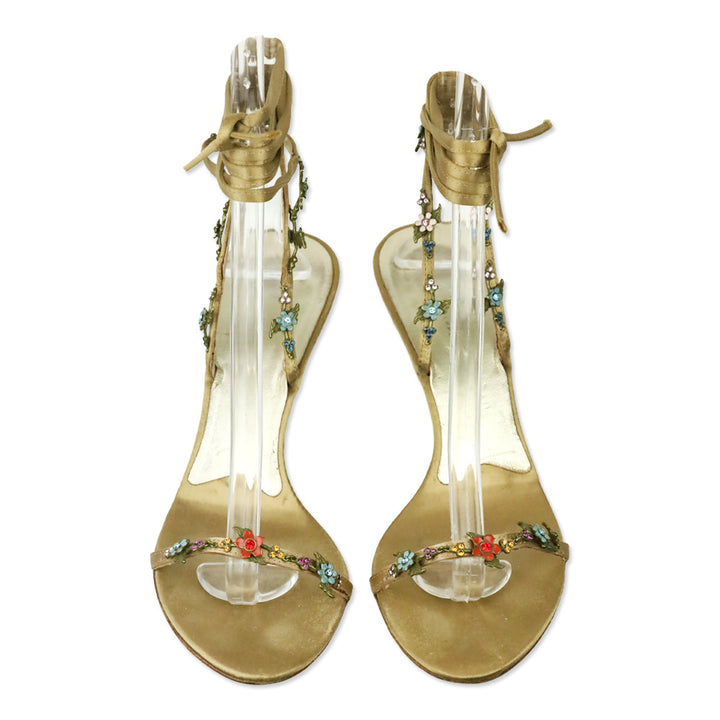 Giuseppe Zanotti Beige Satin Crystal Flower Appliqué Ankle-Wrap Sandals
