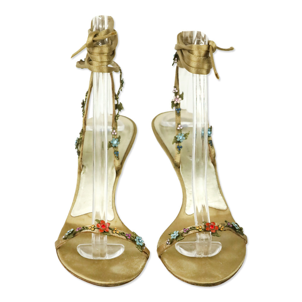 Giuseppe Zanotti Beige Satin Crystal Flower Appliqué Ankle-Wrap Sandals