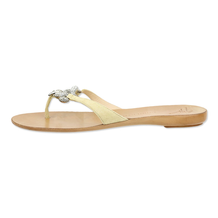 Giuseppe Zanotti Beige Suede Crystal Chain Thong Sandal