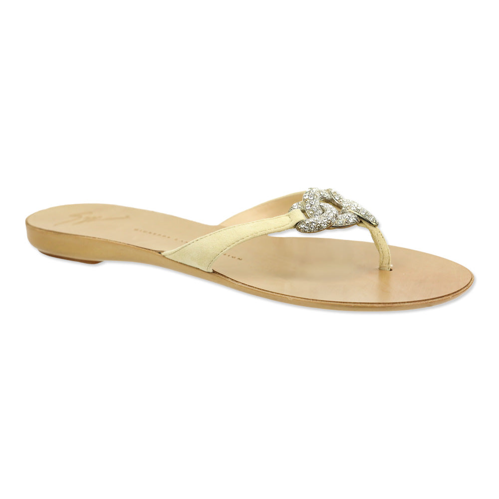 Giuseppe Zanotti Beige Suede Crystal Chain Thong Sandal