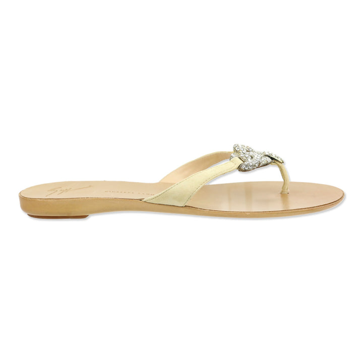 Giuseppe Zanotti Beige Suede Crystal Chain Thong Sandal