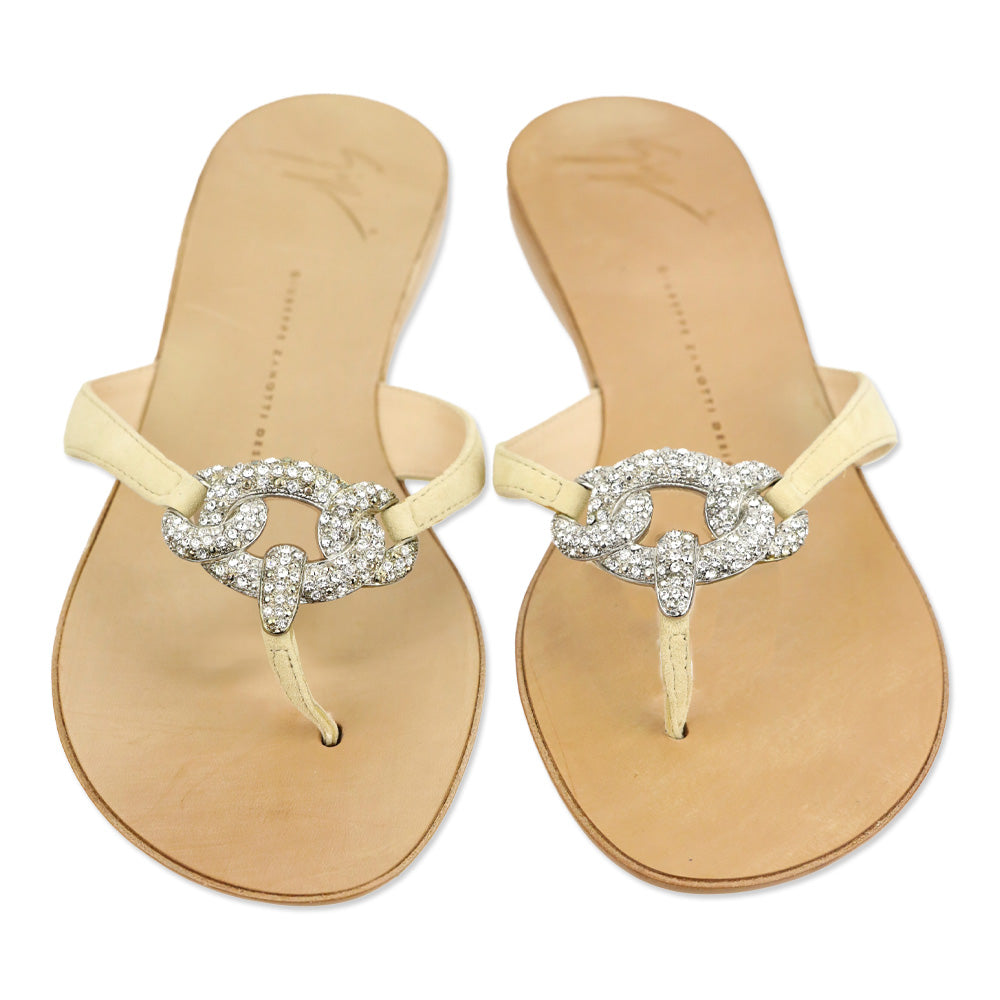 Giuseppe Zanotti Beige Suede Crystal Chain Thong Sandal