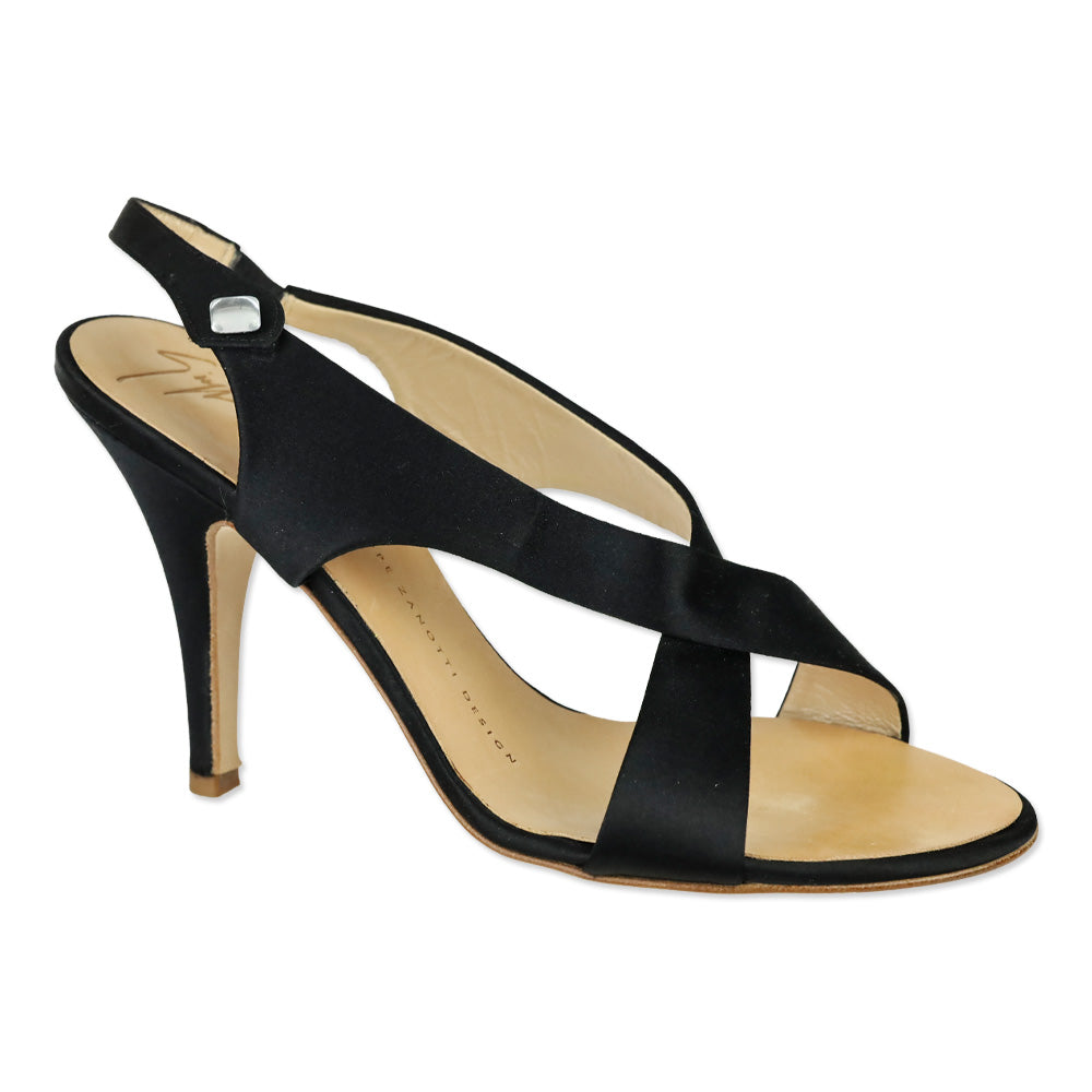 Giuseppe Zanotti Black Satin Criss Cross Slingback Sandals
