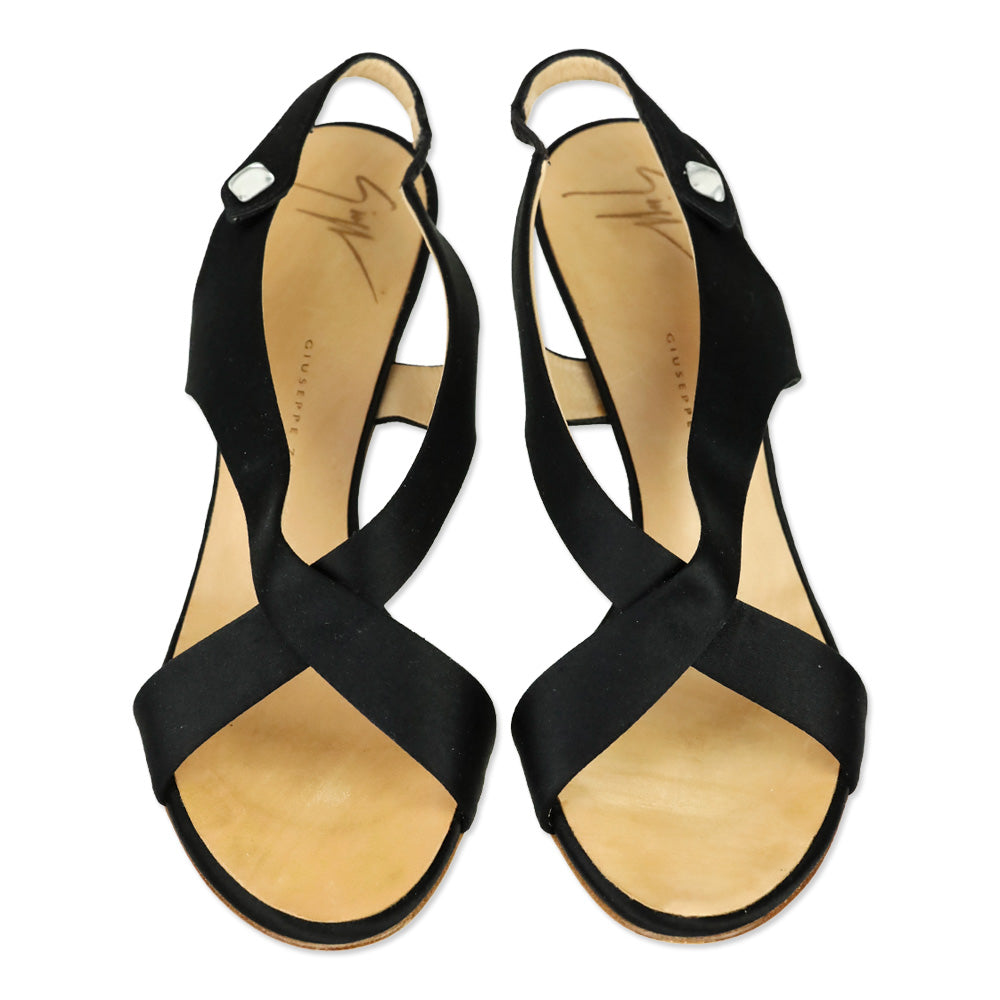 Giuseppe Zanotti Black Satin Criss Cross Slingback Sandals
