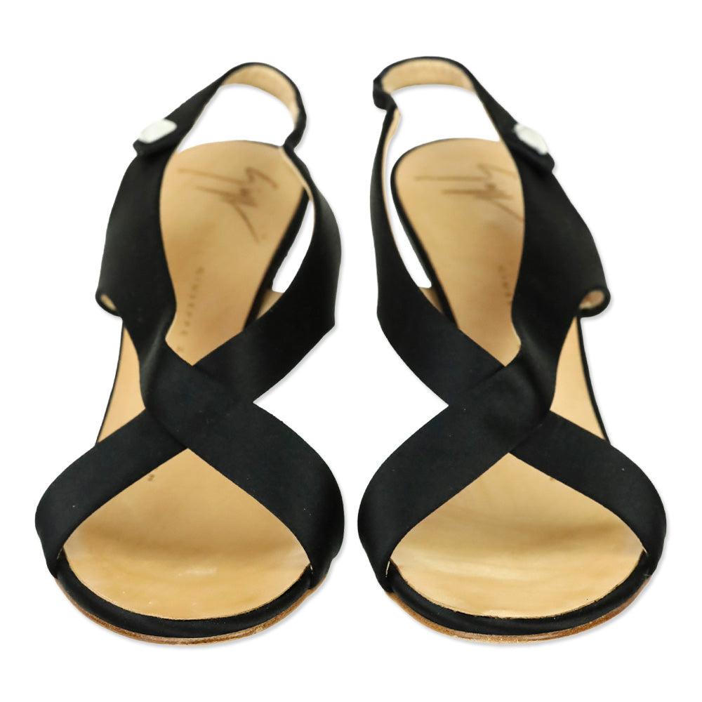 Giuseppe Zanotti Black Satin Criss Cross Slingback Sandals