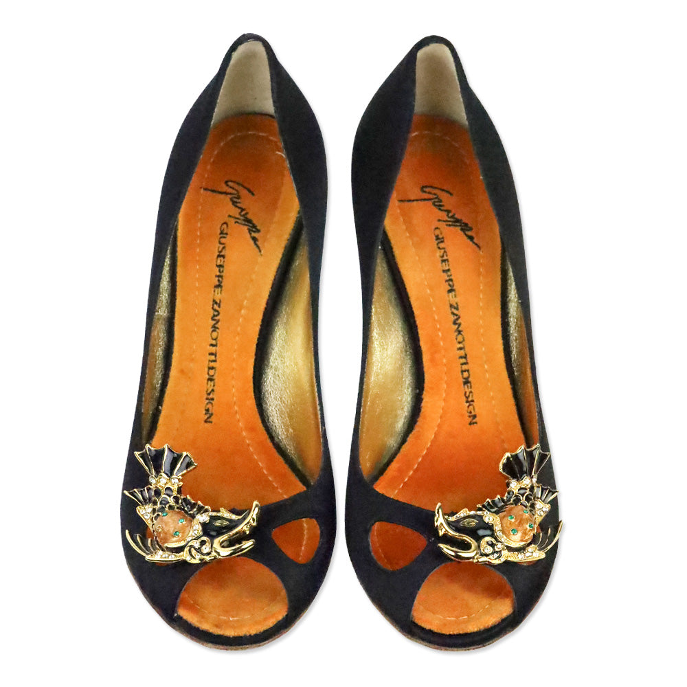 Giuseppe Zanotti Black Satin Enamel Fish Peep Toe Pump