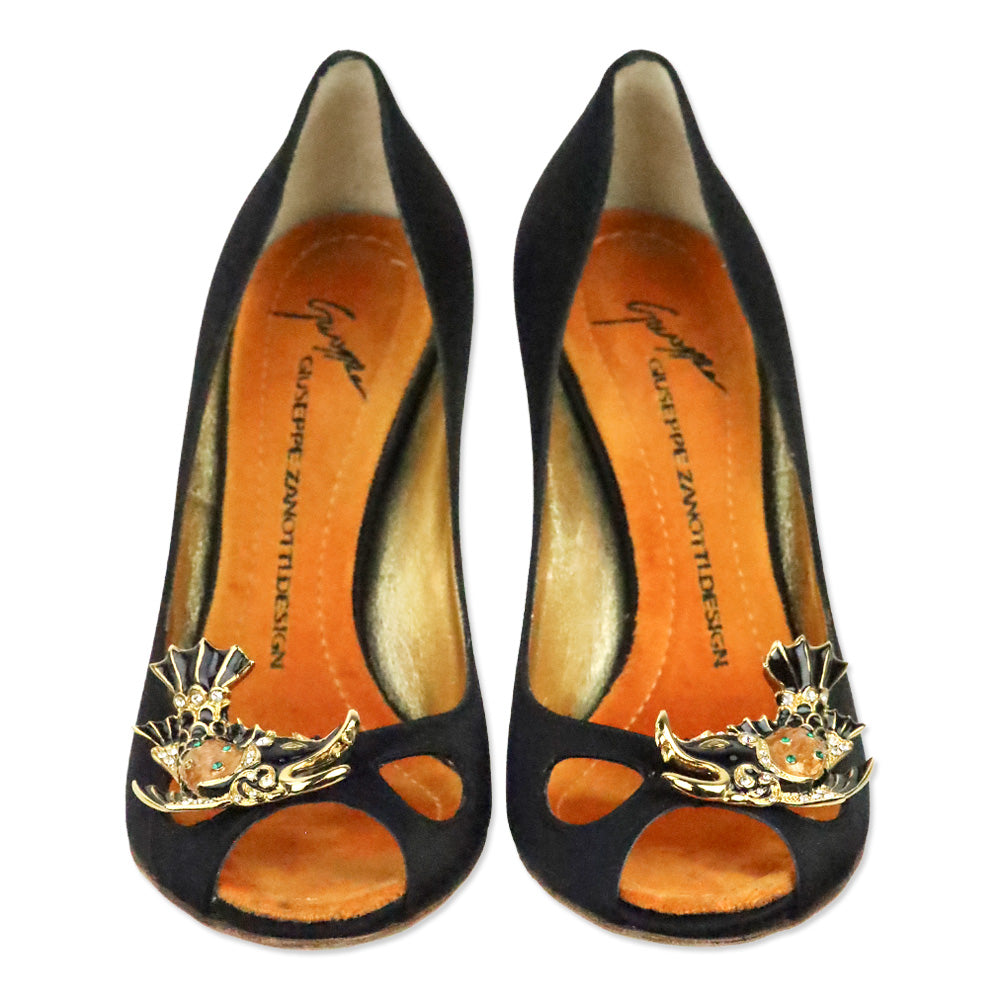 Giuseppe Zanotti Black Satin Enamel Fish Peep Toe Pump