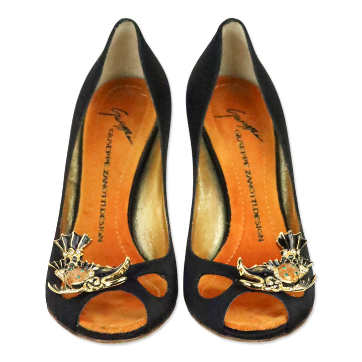 Giuseppe Zanotti Black Satin Enamel Fish Peep Toe Pump