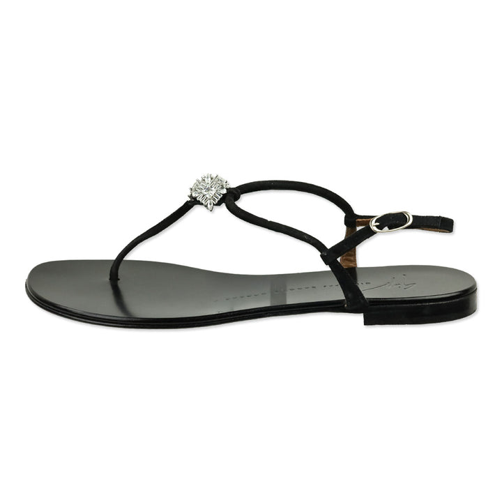 Giuseppe Zanotti Black Suede Crystal Accent T-Bar Sandal