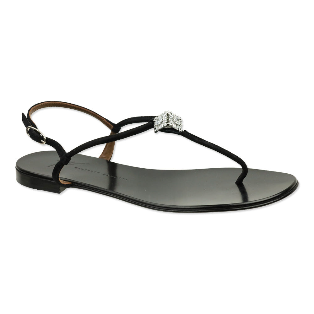 Giuseppe Zanotti Black Suede Crystal Accent T-Bar Sandal