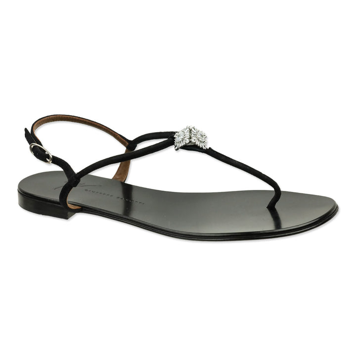 Giuseppe Zanotti Black Suede Crystal Accent T-Bar Sandal