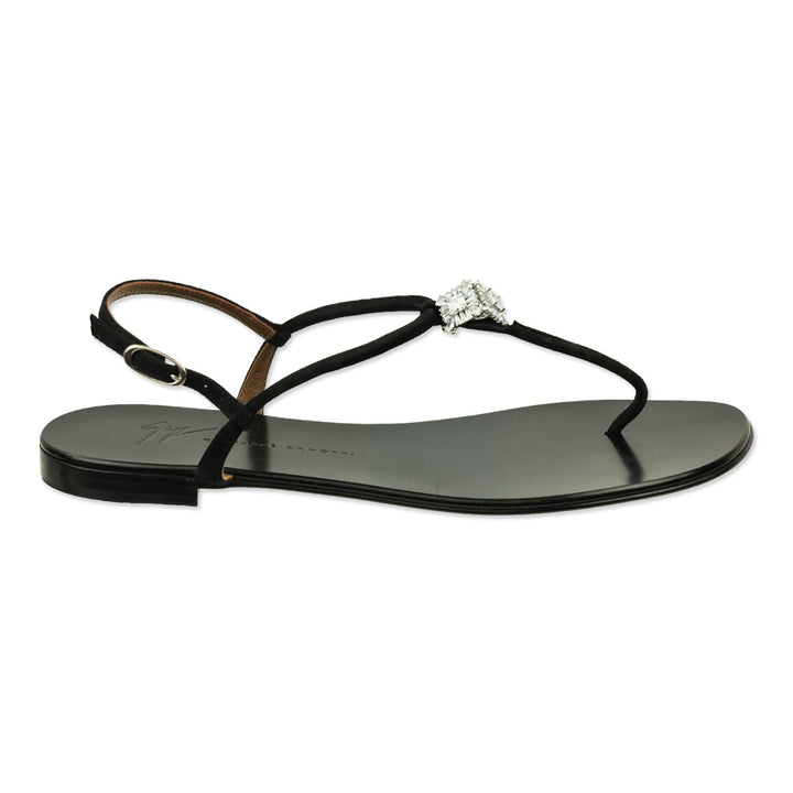 Giuseppe Zanotti Black Suede Crystal Accent T-Bar Sandal