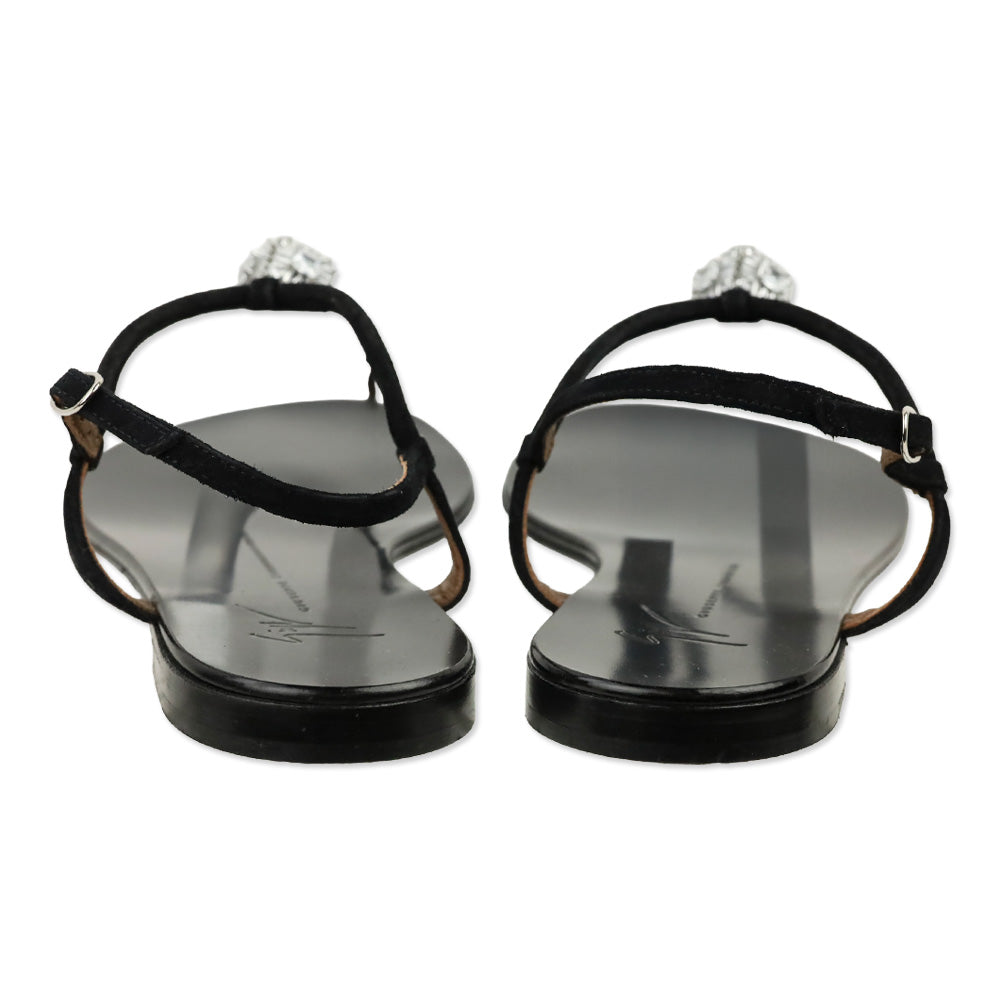 Giuseppe Zanotti Black Suede Crystal Accent T-Bar Sandal