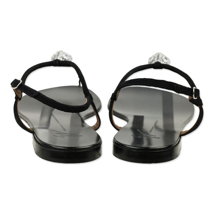 Giuseppe Zanotti Black Suede Crystal Accent T-Bar Sandal