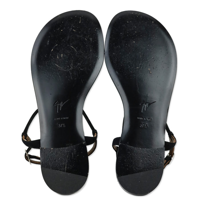 Giuseppe Zanotti Black Suede Crystal Accent T-Bar Sandal