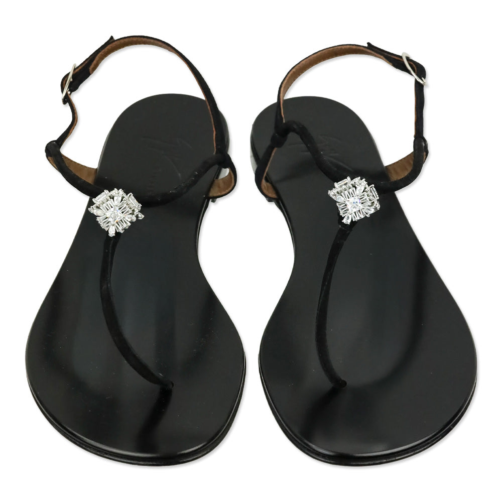 Giuseppe Zanotti Black Suede Crystal Accent T-Bar Sandal