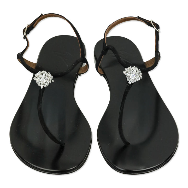 Giuseppe Zanotti Black Suede Crystal Accent T-Bar Sandal
