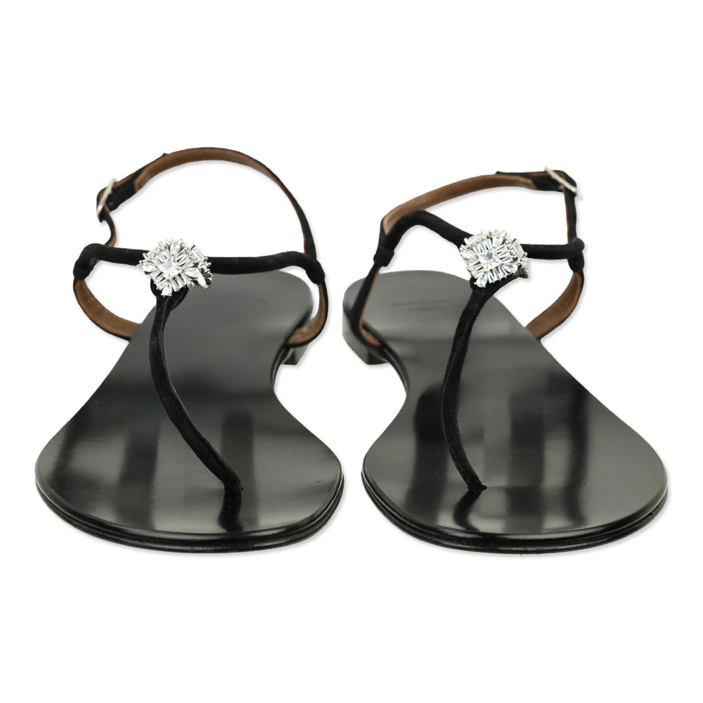 Giuseppe Zanotti Black Suede Crystal Accent T-Bar Sandal