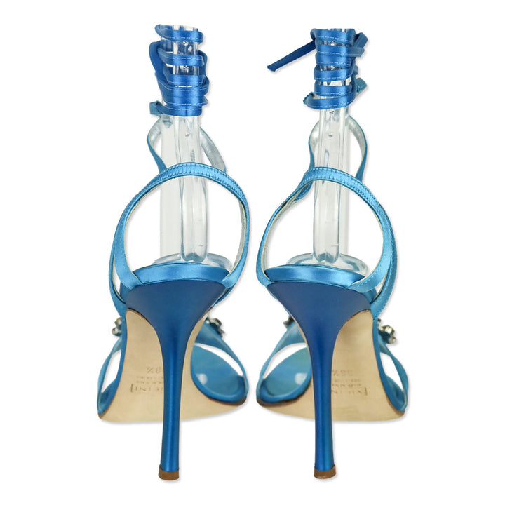 Giuseppe Zanotti Blue Satin Multicolor Jewel Ankle Wrap Sandal