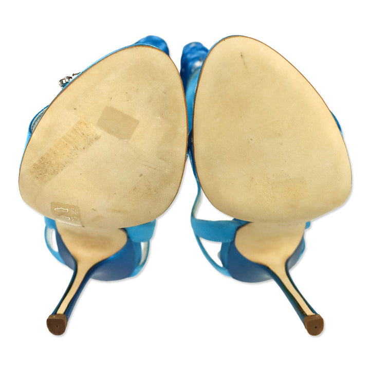 Giuseppe Zanotti Blue Satin Multicolor Jewel Ankle Wrap Sandal