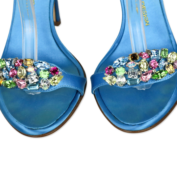 Giuseppe Zanotti Blue Satin Multicolor Jewel Ankle Wrap Sandal
