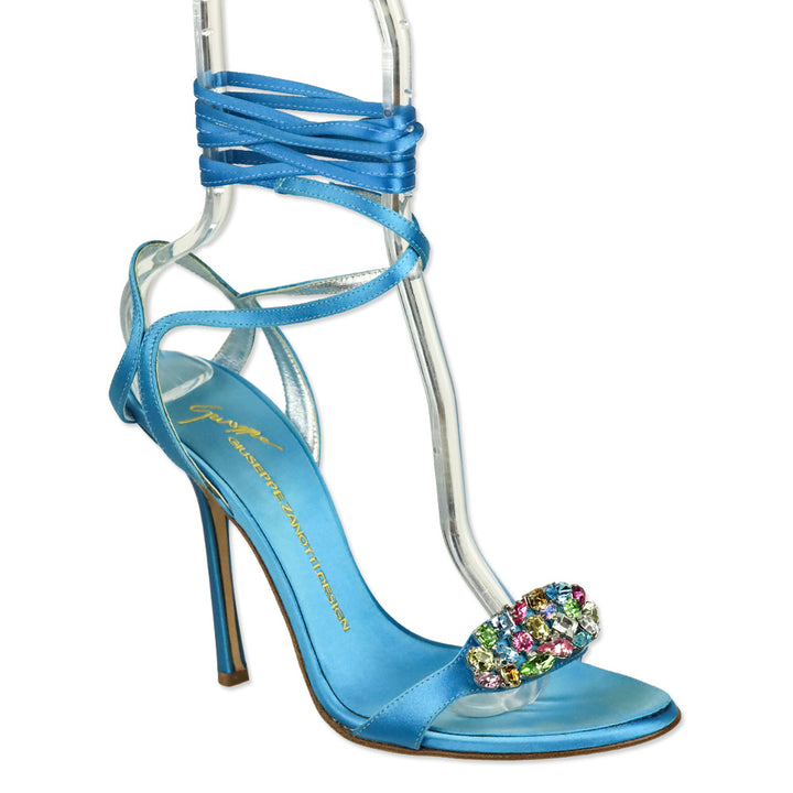 Giuseppe Zanotti Blue Satin Multicolor Jewel Ankle Wrap Sandal