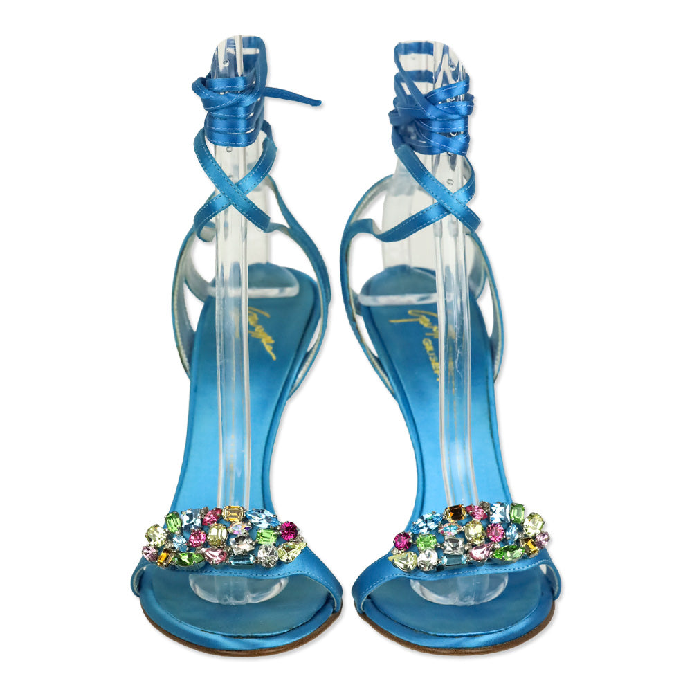 Giuseppe Zanotti Blue Satin Multicolor Jewel Ankle Wrap Sandal