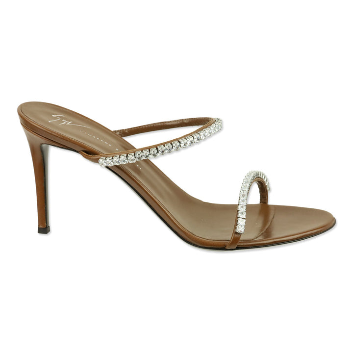 Giuseppe Zanotti Brown Leather Crystal-Embellished 85 Mule Sandals