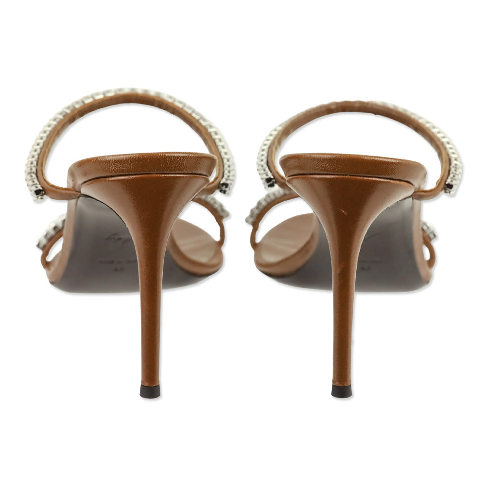 Giuseppe Zanotti Brown Leather Crystal-Embellished 85 Mule Sandals
