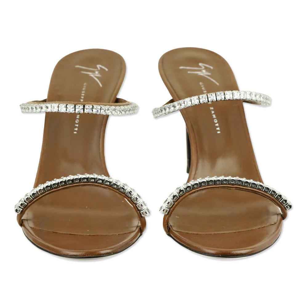 Giuseppe Zanotti Brown Leather Crystal-Embellished 85 Mule Sandals