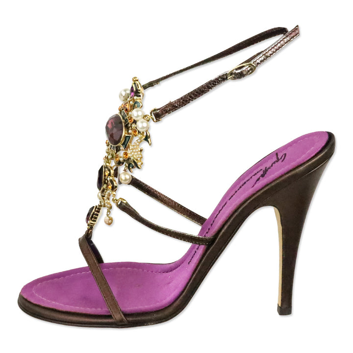 Giuseppe Zanotti Brown Leather Crystal and Pearl Jewellery Ankle-Strap Sandal