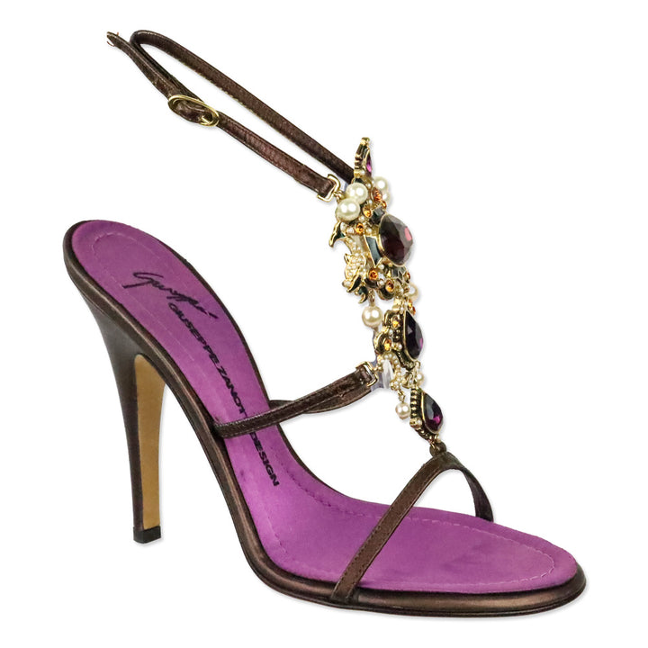 Giuseppe Zanotti Brown Leather Crystal and Pearl Jewellery Ankle-Strap Sandal