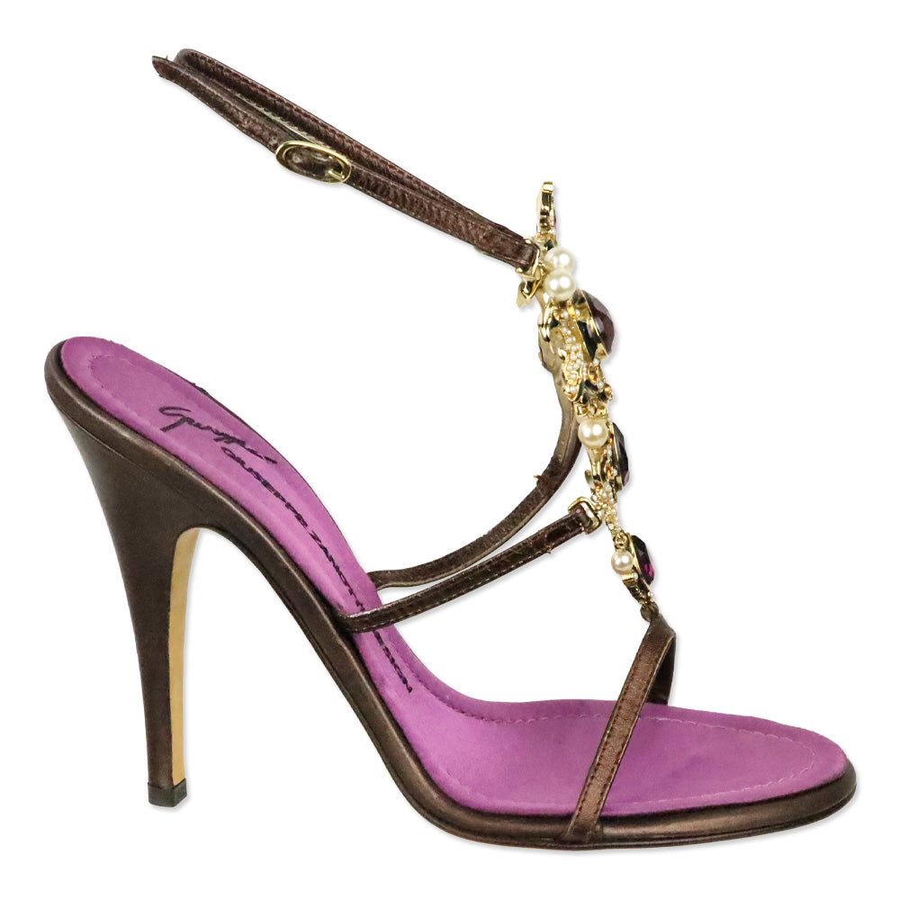 Giuseppe Zanotti Brown Leather Crystal and Pearl Jewellery Ankle-Strap Sandal