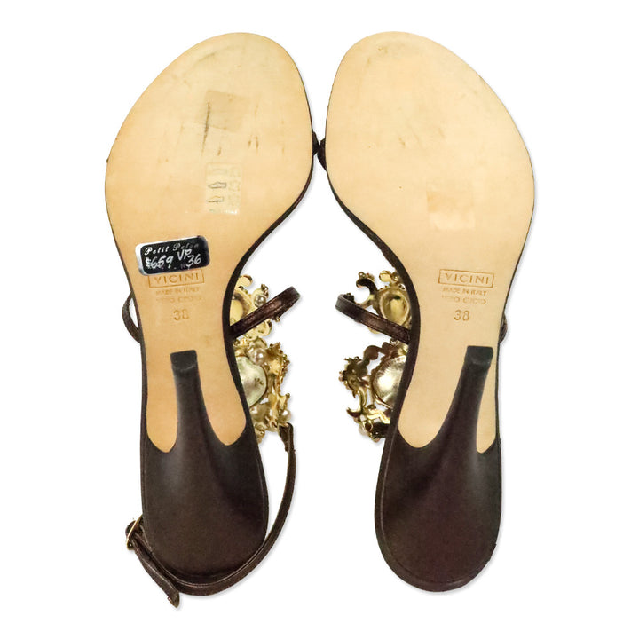 Giuseppe Zanotti Brown Leather Crystal and Pearl Jewellery Ankle-Strap Sandal