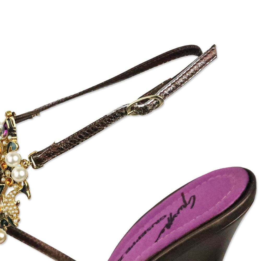 Giuseppe Zanotti Brown Leather Crystal and Pearl Jewellery Ankle-Strap Sandal