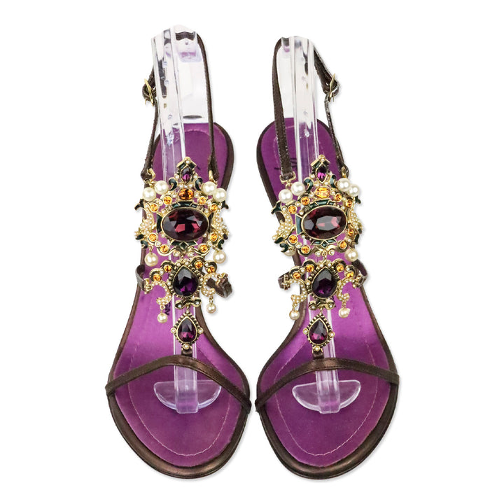 Giuseppe Zanotti Brown Leather Crystal and Pearl Jewellery Ankle-Strap Sandal