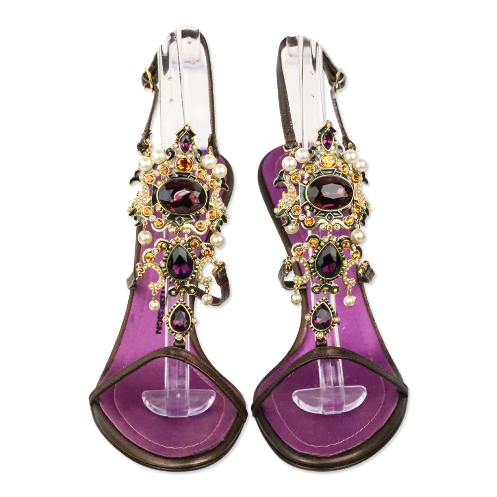 Giuseppe Zanotti Brown Leather Crystal and Pearl Jewellery Ankle-Strap Sandal