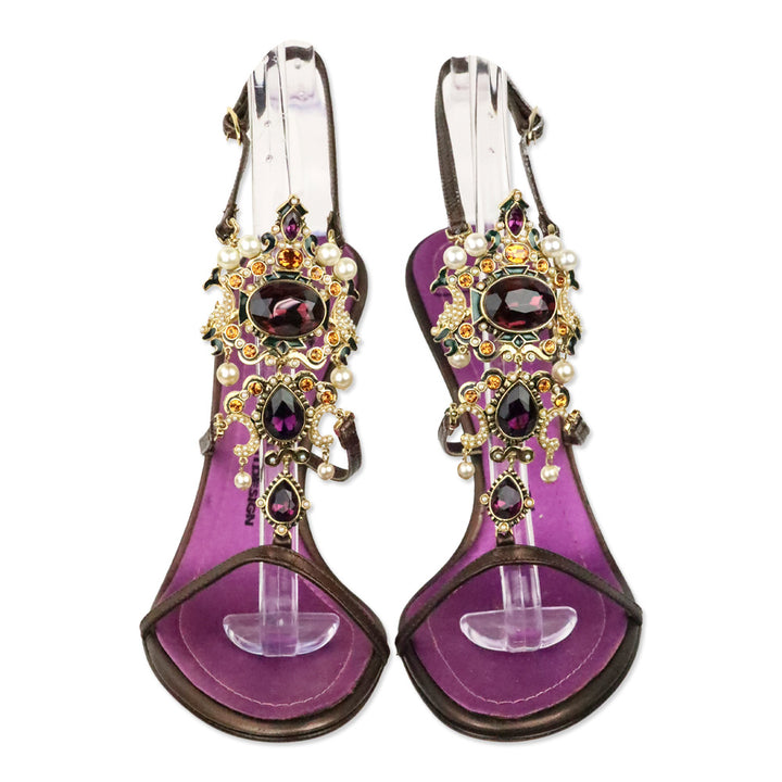 Giuseppe Zanotti Brown Leather Crystal and Pearl Jewellery Ankle-Strap Sandal