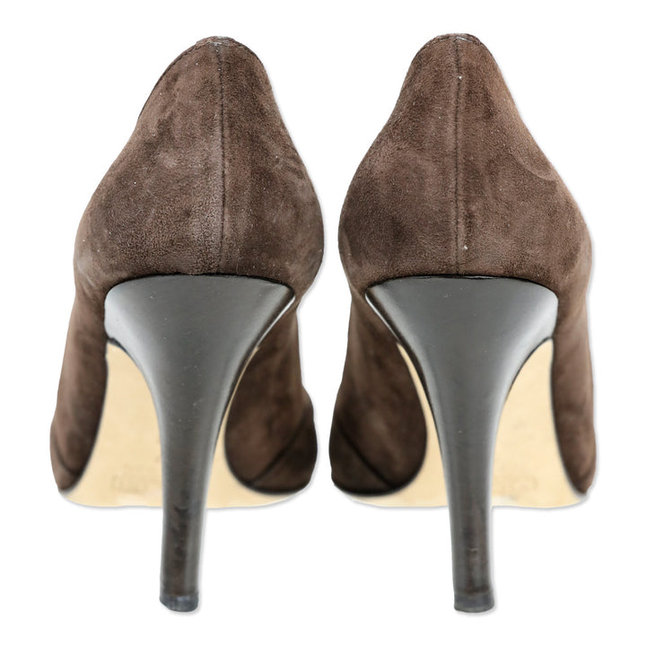 Giuseppe Zanotti Brown Suede/Satin Crystal Peep Pumps
