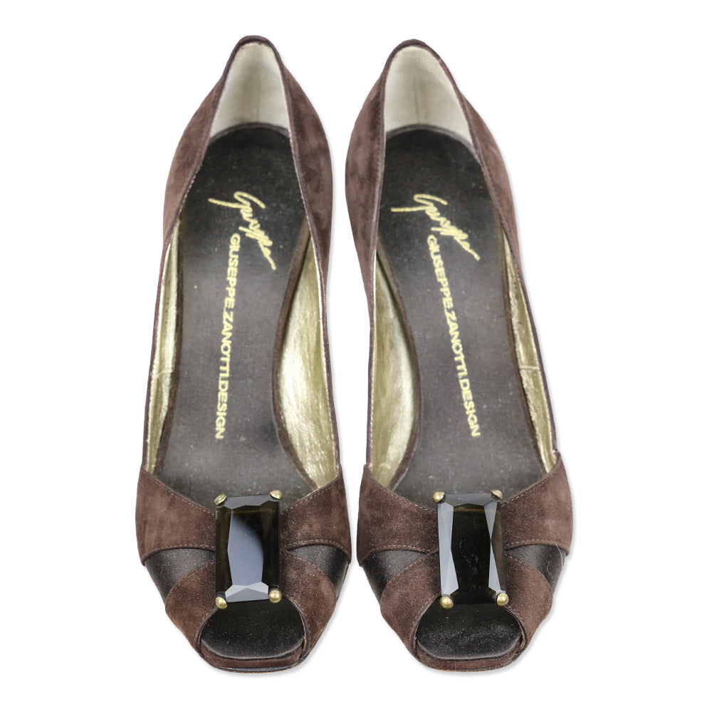 Giuseppe Zanotti Brown Suede/Satin Crystal Peep Pumps