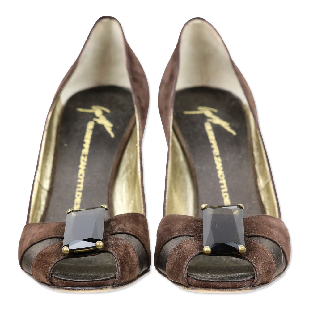 Giuseppe Zanotti Brown Suede/Satin Crystal Peep Pumps