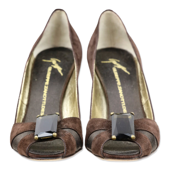 Giuseppe Zanotti Brown Suede/Satin Crystal Peep Pumps