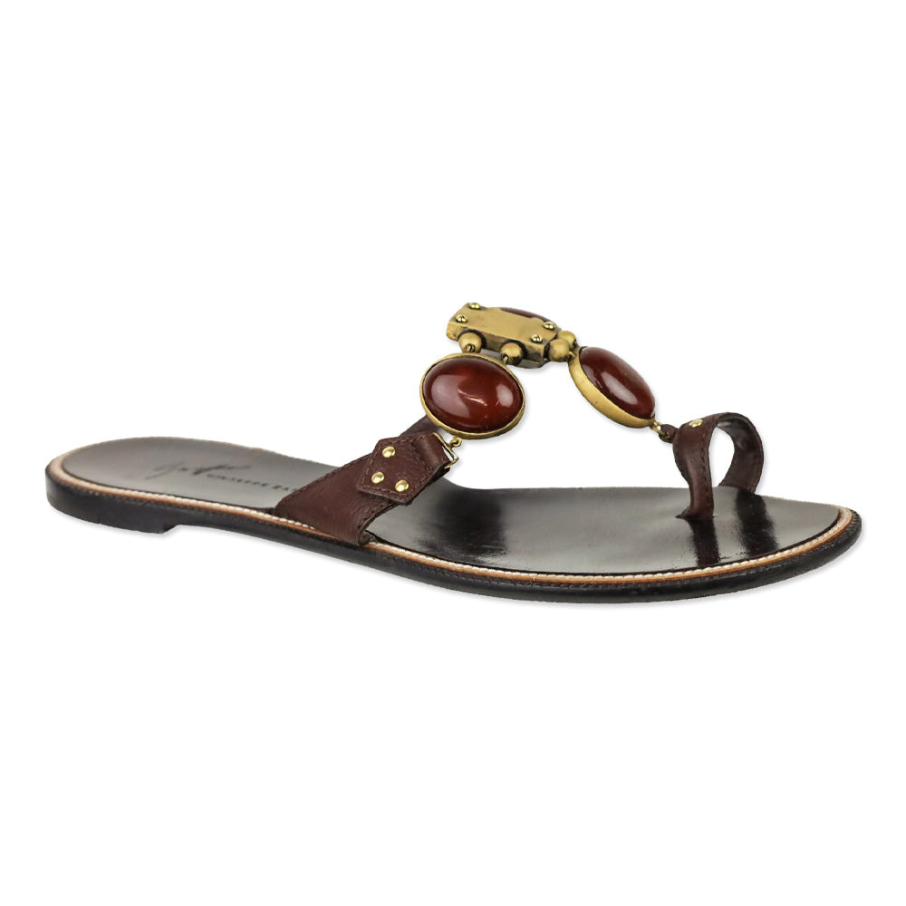 Giuseppe Zanotti Burgundy Leather Red Stones Toe Ring Sandal