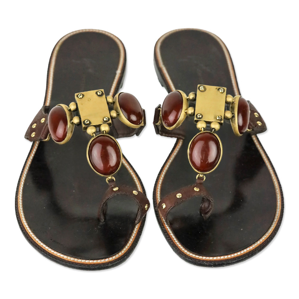 Giuseppe Zanotti Burgundy Leather Red Stones Toe Ring Sandal