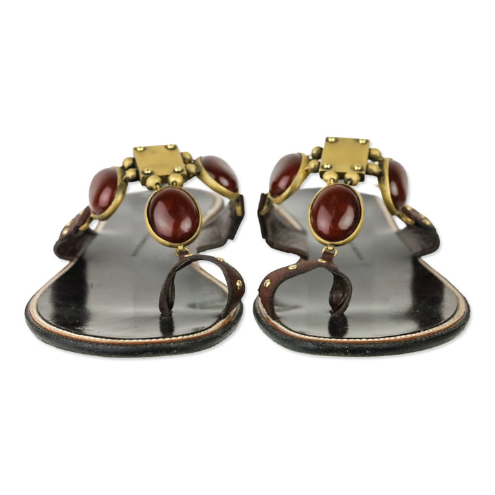 Giuseppe Zanotti Burgundy Leather Red Stones Toe Ring Sandal