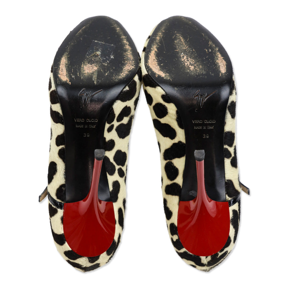 Giuseppe Zanotti Cream/Brown Cheetah Print Calfhair Mary Jan Peep Toe Pumps